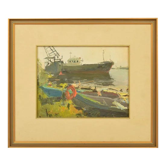 Ship Pier, 20th Century, Oil on Board For Sale