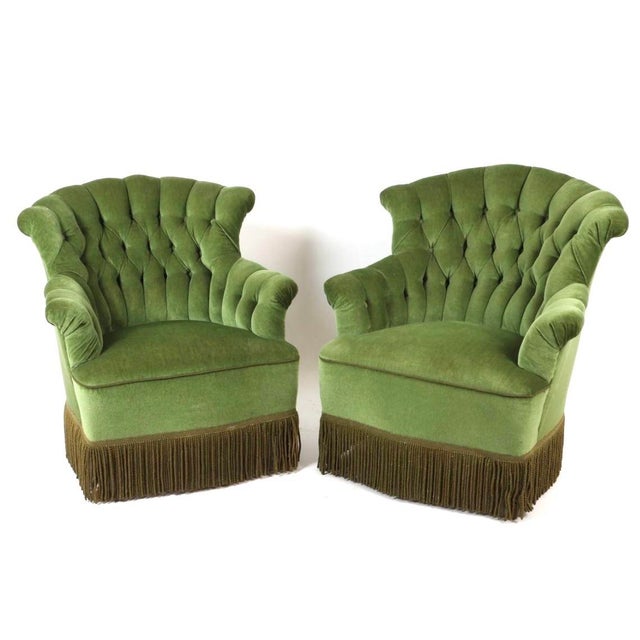 Textile Pair of Green Tufted Chesterfield Velvet Lounge Club Chairs For Sale - Image 7 of 7