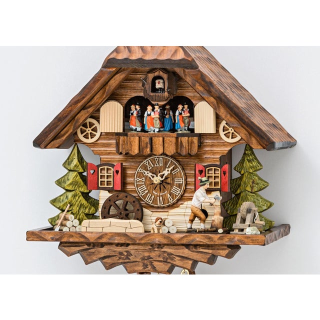 German Black Forest Folk Art Clock - Woodchopper & Dancing Couples For Sale - Image 4 of 5