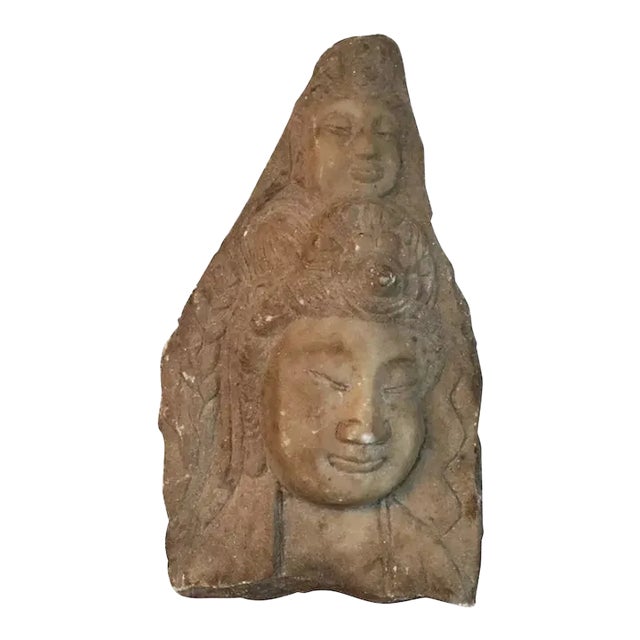 19th Century Carved Stone Fragment Statue Plaque of a Double Buddha Head Bust For Sale