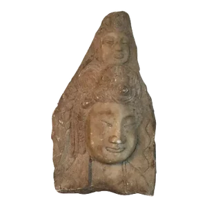 19th Century Carved Stone Fragment Statue Plaque of a Double Buddha Head Bust