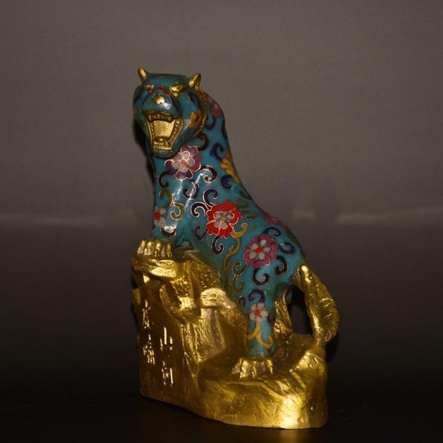 Asian Late 19th Century Cloisonné Enamel Tiger Statue on Gilt Base, 1.6kg For Sale - Image 3 of 9