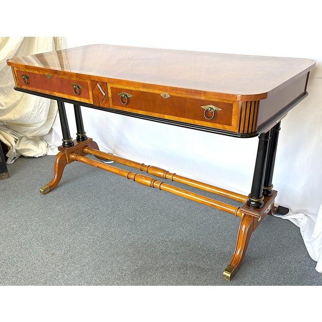 Late 20th Century Hollywood Regency Style Desk With Starburst Pattern Top and Black and Brass Accents For Sale - Image 5 of 12