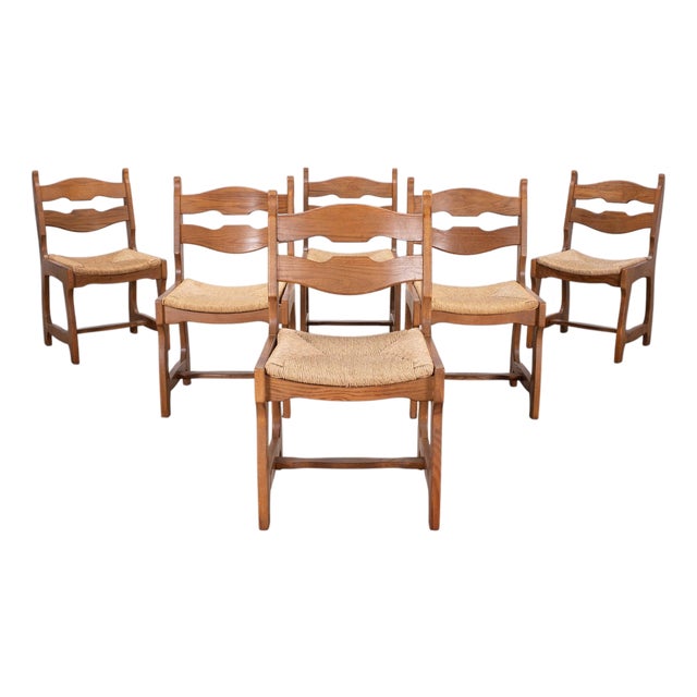 Set of Six French Brutalist Razor Blade Oak Rush Dining Chairs For Sale