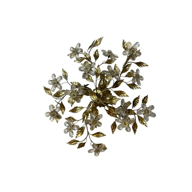 Gilded Tole Crystal Flower Flush Mount, 1970s For Sale - Image 12 of 12