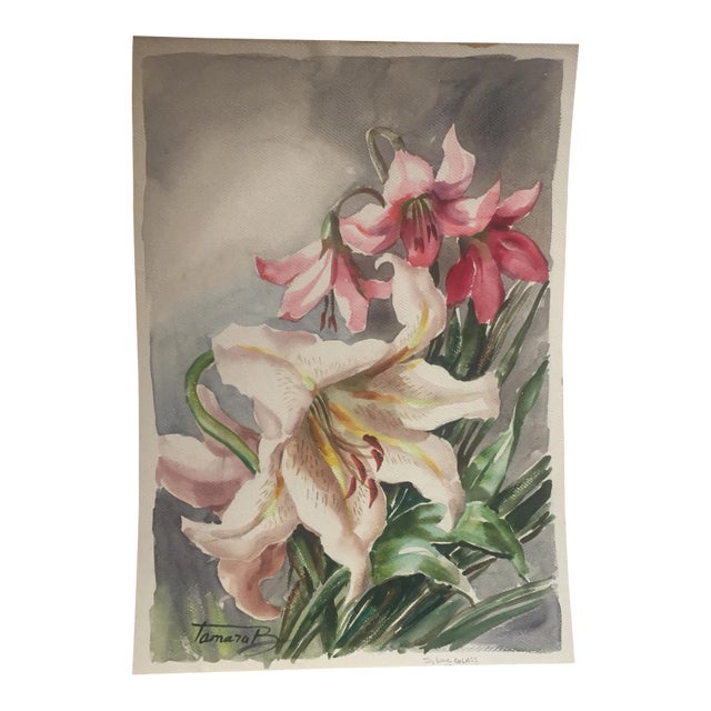 Original Vintage Watercolor Floral Lillies Painting For Sale
