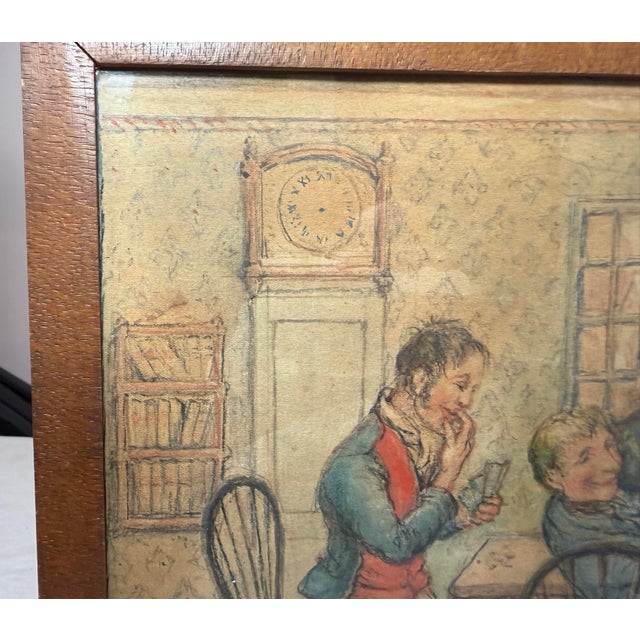 Antique 19th Century Original Men Playing Cards at Table Watercolor Painting For Sale - Image 11 of 13