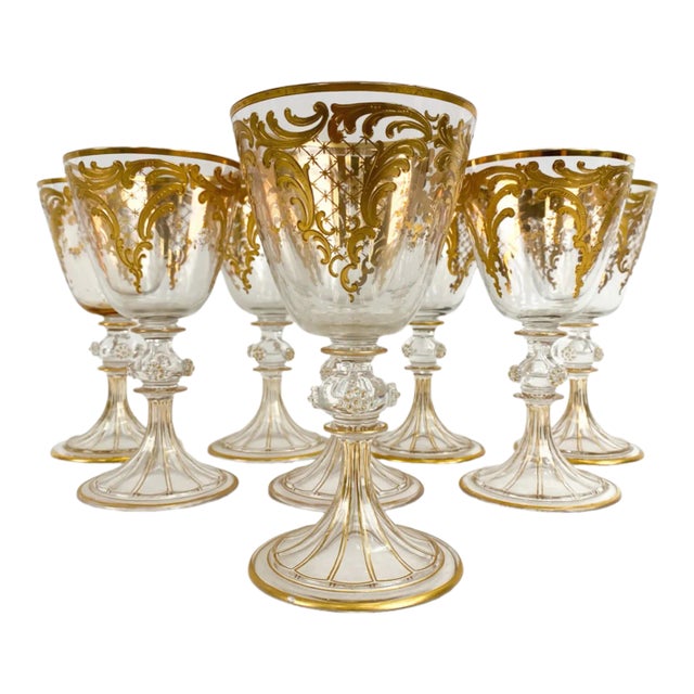1920s Antique Gilded Venetian Wine Glasses - Set of 8 For Sale