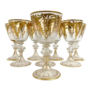 1920s Antique Gilded Venetian Wine Glasses - Set of 8