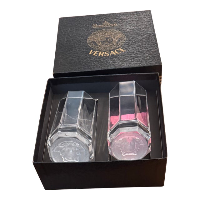 1990s Versace Medusa Versace Medusa Crystal Whiskey Tumblers by Rosenthal — Set of 2, Boxed For Sale