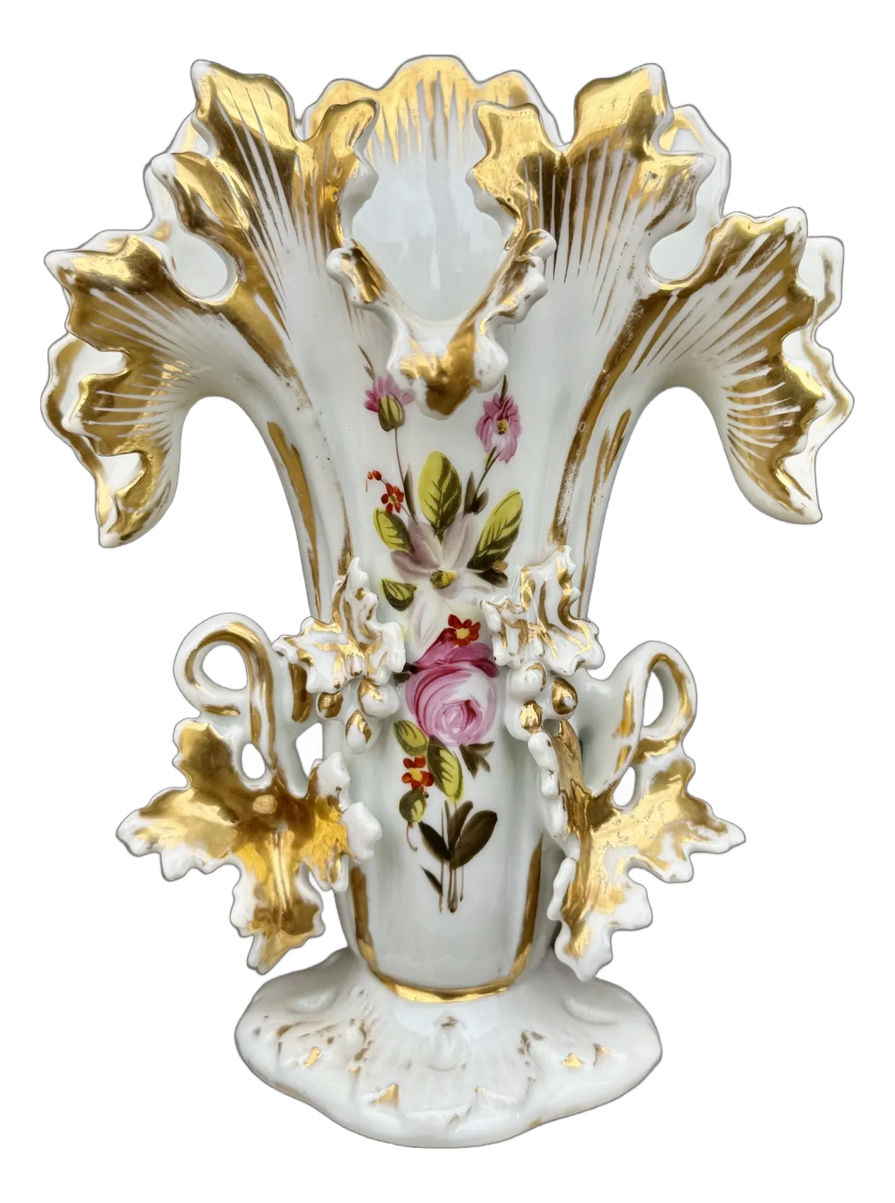 Antique French Paris Porcelain Ruffled Spill Vase With Hand