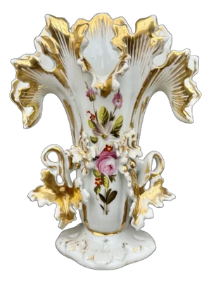 Antique French Paris Porcelain Ruffled Spill Vase With Hand-Painted Florals & Gold