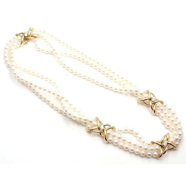 Tiffany & Co. 18k Yellow Gold Diamond 3 Strand Pearl Necklace For Sale - Image 10 of 10