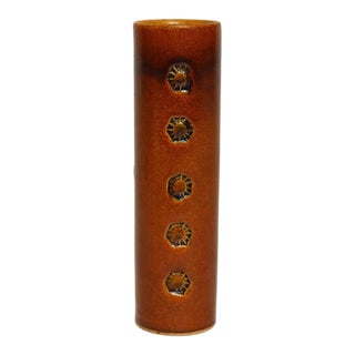 Vintage Studio Pottery Sunburst and Botanical Motif Matte Amber Glazed Vase For Sale
