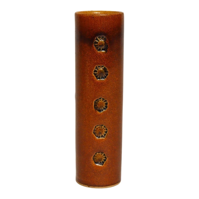 Vintage Studio Pottery Sunburst and Botanical Motif Matte Amber Glazed Vase For Sale