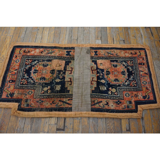 1930s Blue Orange Geometric Qing Antique Chinese Horse Cover Rug 2'2" X 4'4" Knotted Wool Carpet For Sale In New York - Image 6 of 6