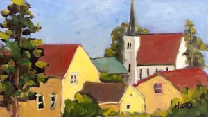 Mendocino Cemetery Church View, Modern Landscape Oil Painting