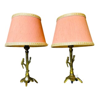 Small Rustic Brass Bedside Table Lamps with a Bird and Pink Lampshades, 1950s, Set of 2 For Sale