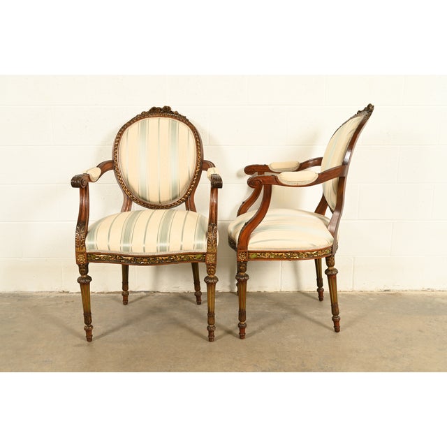 Karges Style French Regency Louis XVI Carved Mahogany and Gold Gilt Armchairs, Pair For Sale In South Bend - Image 6 of 14