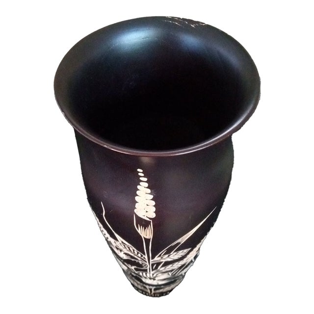 1980s Etched Ebony Wood Vase, Made in Jamaica For Sale