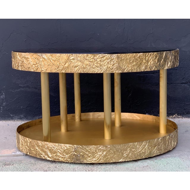 Bronze and Metal Round Center Table with Black Glass and Base with Light For Sale In Miami - Image 6 of 18