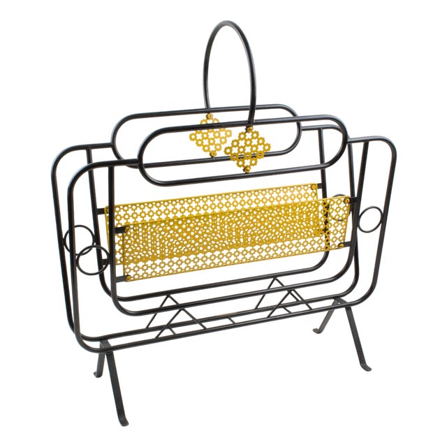 Mathieu Matégot Mid-Century Black, Yellow Lacquered Metal Magazine Holder For Sale