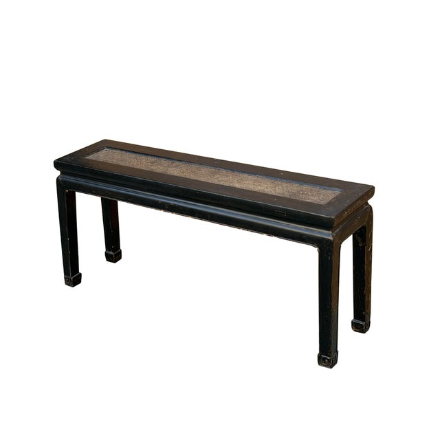 Distressed Rustic Black Lacquer Rattan Narrow Wood Bench Table For Sale - Image 4 of 11