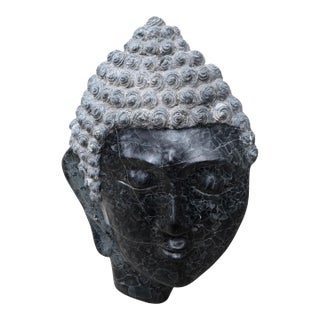 Vintage Hand-Carved Thai Black Marble Buddha Head Sculpture For Sale