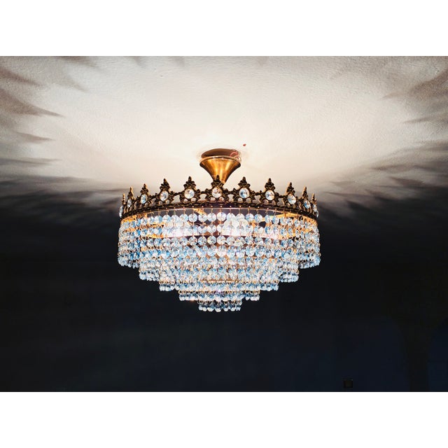1960s Vintage French Crown Style Flush Mount Brass Chandelier With Soft Blue Crystals⁠ For Sale - Image 15 of 17