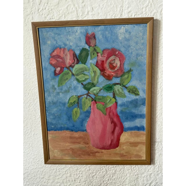 Midcentury Folk Art Still Life With Roses in Vase For Sale - Image 4 of 7