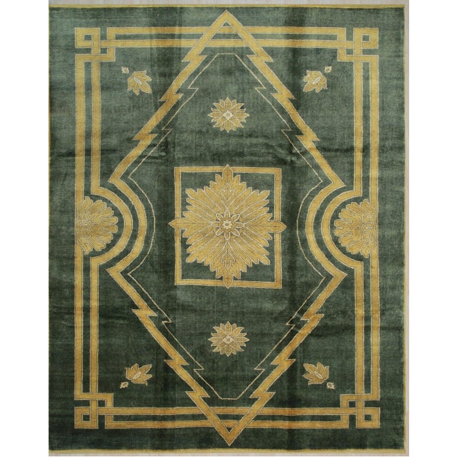 8x10 Sloane Louie Moss Green Medallion Modernist Hand Knotted Wool Carpet Rug For Sale - Image 4 of 6