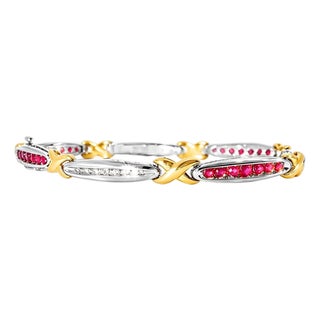 Late 20th Century 14K White Gold Ruby Diamond X Tennis Bracelet For Sale