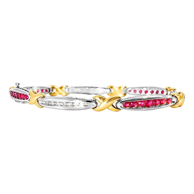 Late 20th Century 14K White Gold Ruby Diamond X Tennis Bracelet For Sale