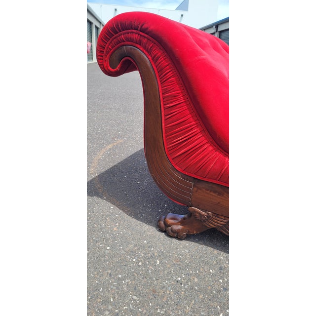 Antique 19th Century Art Deco Style Red Velvet Chaise Lounge Sofa For Sale - Image 13 of 17