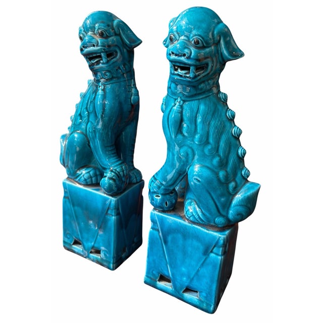 Pair of Antique Chinese Turquoise Pottery Foo Dogs Sculpture.