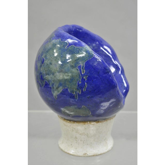 Vintage Mid Century Modern Blue Glaze Ceramic Pottery World Globe Face Sculpture For Sale - Image 4 of 12