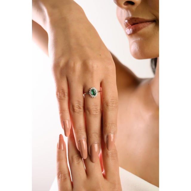 Green Natural Emerald Diamond Halo Art Deco Ring Size 5.5 in 14k White Gold For Sale - Image 8 of 14