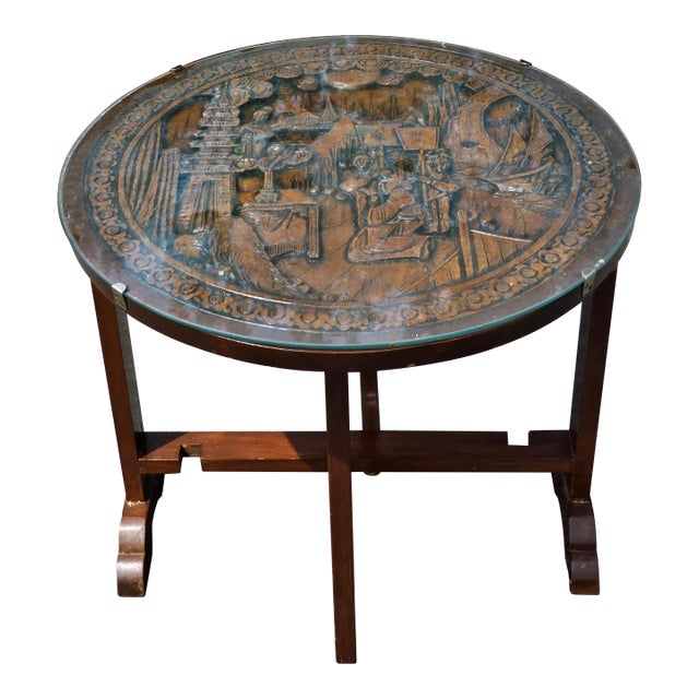 Chinese Carved Hardwood and Glass Tilt-Top Tea Table or Side Table For Sale