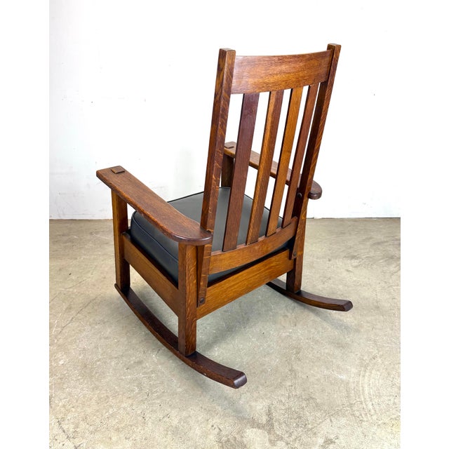Antique Stickley Brothers Mission Oak Arts & Crafts Rocking Chair New Leather Seat For Sale - Image 9 of 12