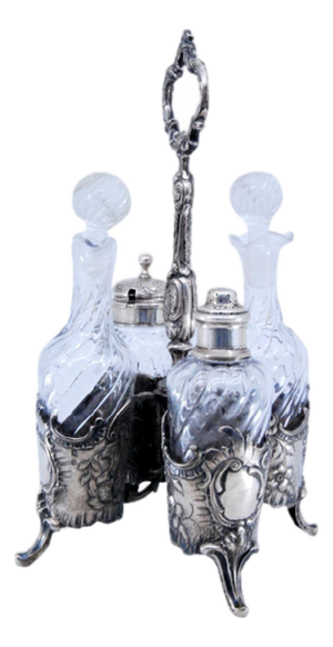 Silver and Acid-Etched Glass Cruets with Salt and Pepper Shakers, Set of 5