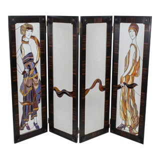 Art Deco Four Panel Stained Glass Screen Divider With Macassar Trim Featuring Iconic Flappers For Sale