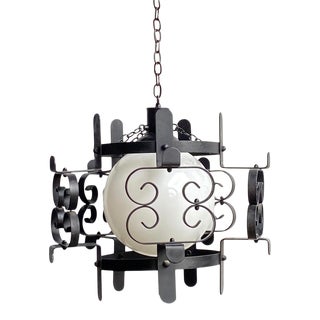 1960s Arthur Umanoff Style Wrought Iron Hanging Chandelier Light For Sale