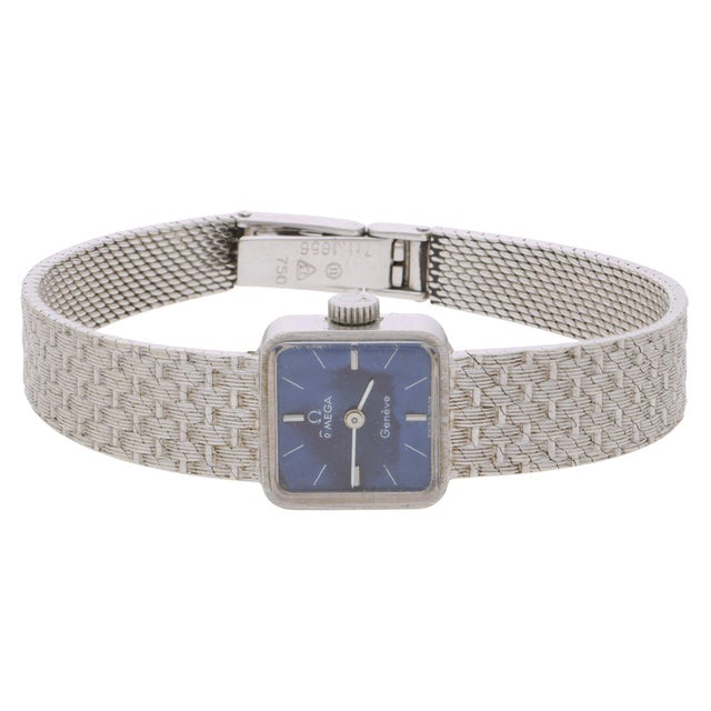 Vintage Omega Geneve Ladies 18k White Gold Blue Dial Square Mesh Bracelet Watch For Sale - Image 12 of 15