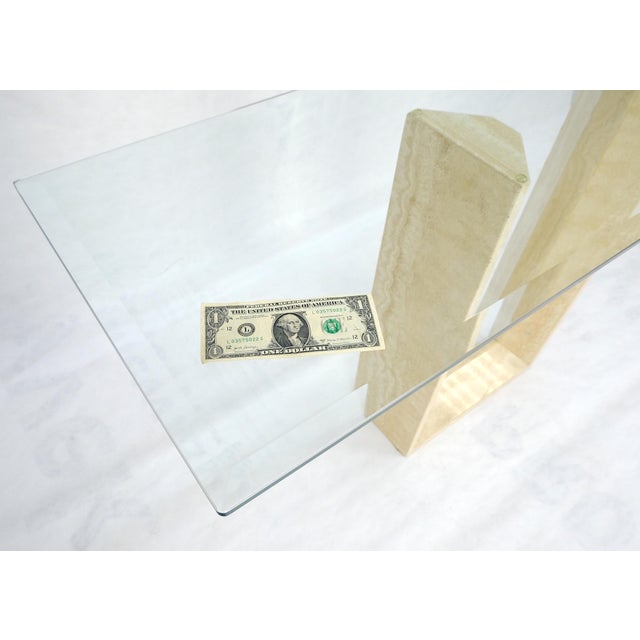 Transparent Travertine Sculptural Low Profile U Shape Base Glass Top Console Table MINT For Sale - Image 8 of 14