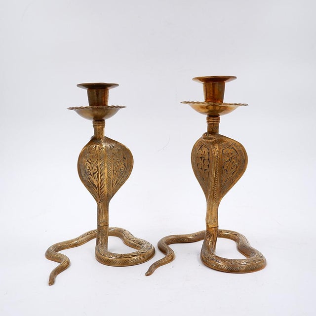 Engraved Brass Cobra Candlesticks, 1960s, Set of 2 For Sale - Image 12 of 17