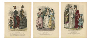 French Fashion Plates with Paris Ladies in Lace & Velvet, 1880, Engravings, Set of 3