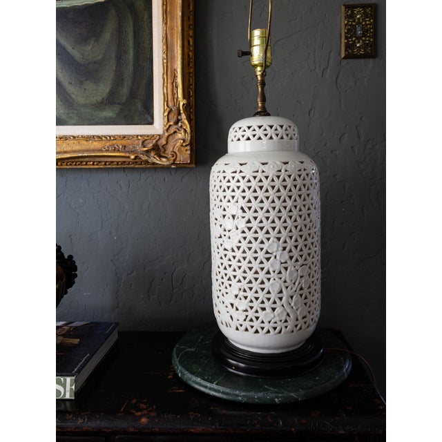 Wood 1960s Pierced Porcelain Blanc De Chine Ginger Jar Lamp For Sale - Image 7 of 18