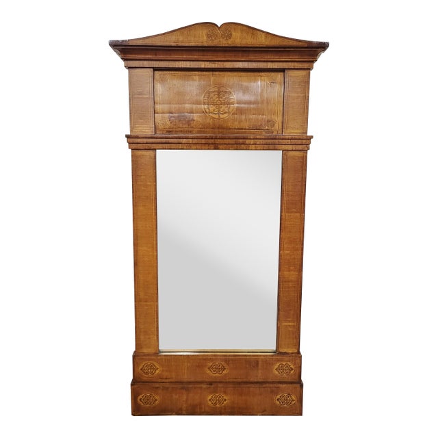 German 19th C Biedermeier Carved & Seaweed Inlaid Wall Mirror For Sale