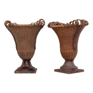 Large Antique Early 20th Century Wicker Vases with a Wooden Pedestal, Set of 2 For Sale