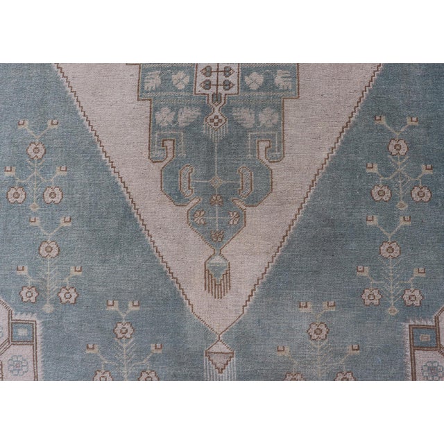 Large Vintage Turkish Oushak Rug With Central Medallion in Blue and Cream 6'8 X 12'7 For Sale - Image 12 of 14